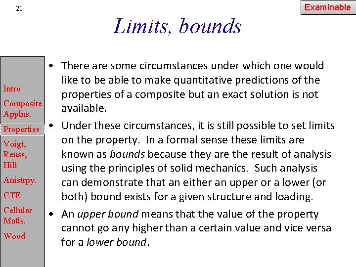 Examinable 21 Limits, bounds Intro Composite Applns. Properties Voigt, Reuss, Hill Anistrpy. CTE Cellular