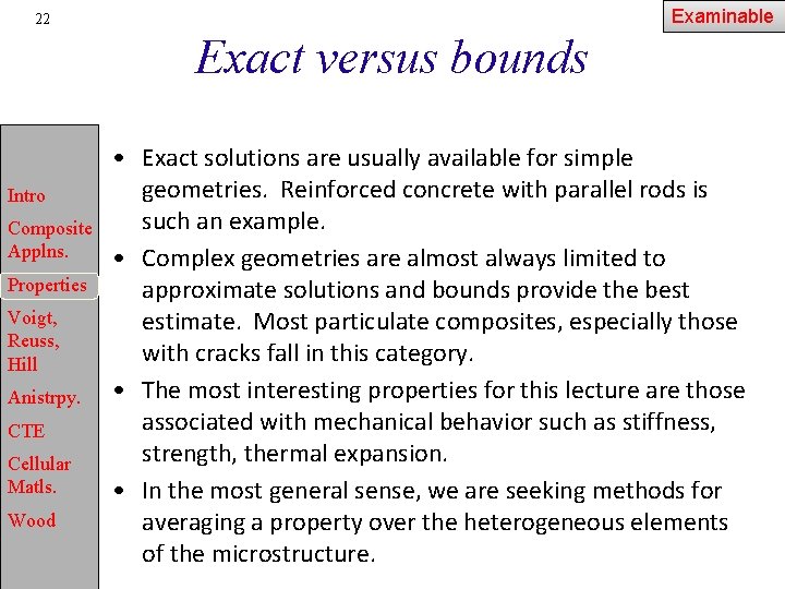 Examinable 22 Exact versus bounds Intro Composite Applns. Properties Voigt, Reuss, Hill Anistrpy. CTE