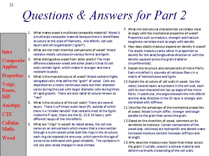 33 Questions & Answers for Part 2 Intro Composite Applns. Properties Voigt, Reuss, Hill