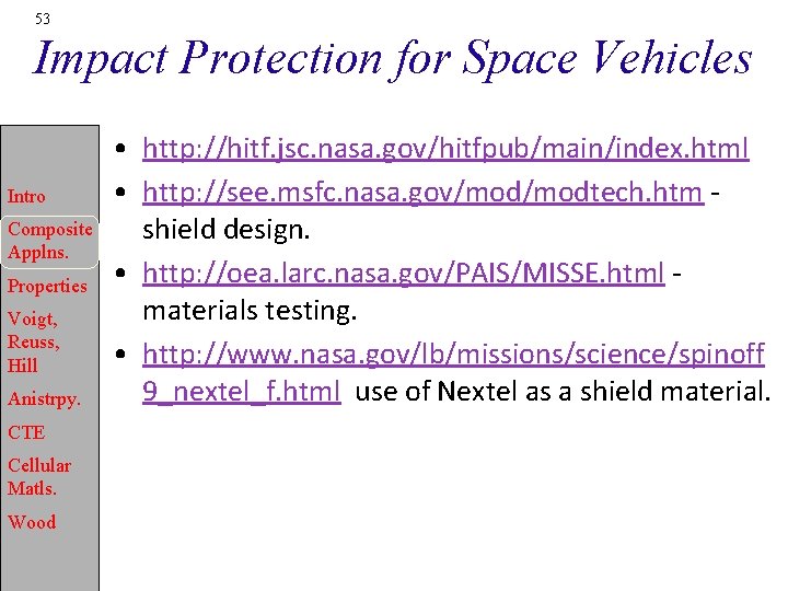 53 Impact Protection for Space Vehicles Intro Composite Applns. Properties Voigt, Reuss, Hill Anistrpy.