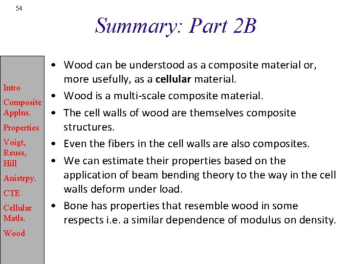 54 Summary: Part 2 B Intro Composite Applns. Properties Voigt, Reuss, Hill Anistrpy. CTE