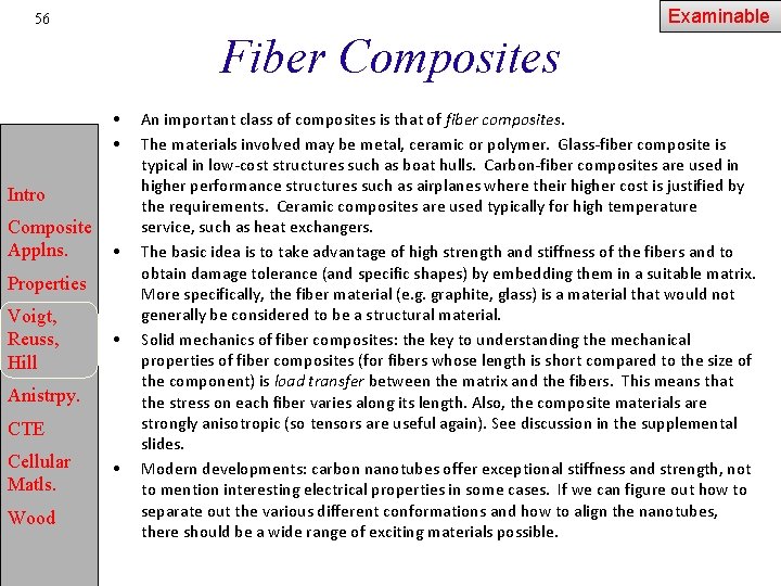 Examinable 56 Fiber Composites • • Intro Composite Applns. • Properties Voigt, Reuss, Hill
