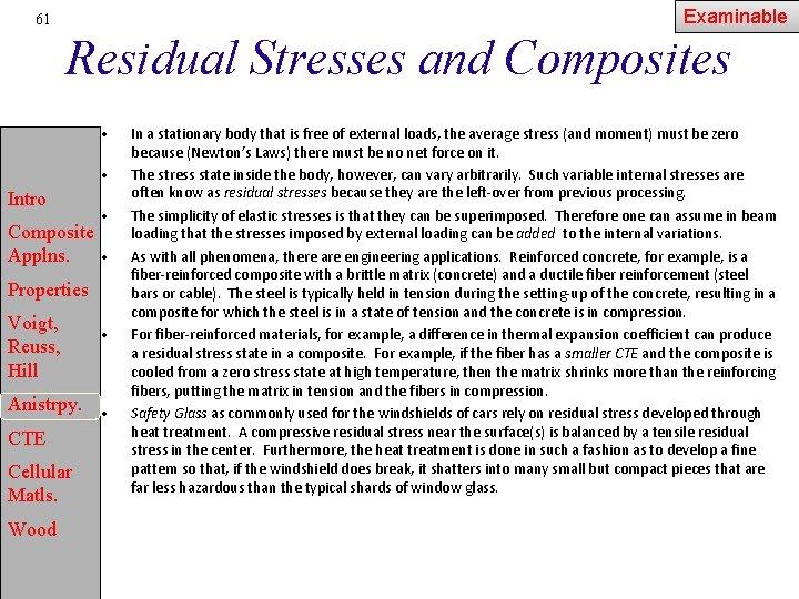 Examinable 61 Residual Stresses and Composites • • Intro • Composite • Applns. Properties