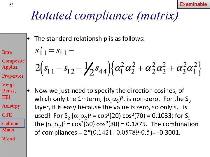 Examinable 68 Rotated compliance (matrix) • The standard relationship is as follows: Intro Composite