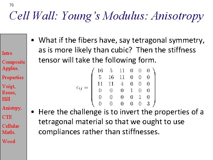 70 Cell Wall: Young’s Modulus: Anisotropy Intro Composite Applns. • What if the fibers