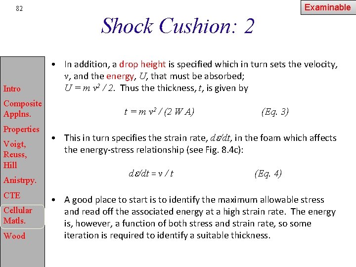Examinable 82 Shock Cushion: 2 Intro Composite Applns. Properties Voigt, Reuss, Hill Anistrpy. CTE