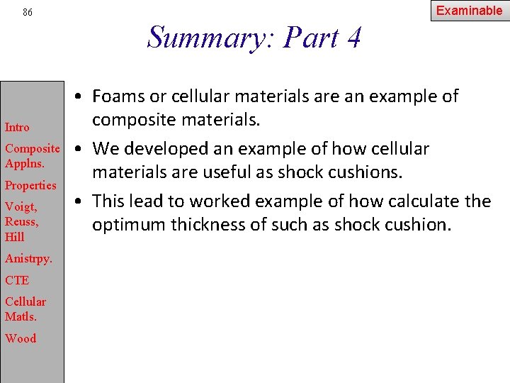 Examinable 86 Summary: Part 4 Intro Composite Applns. Properties Voigt, Reuss, Hill Anistrpy. CTE