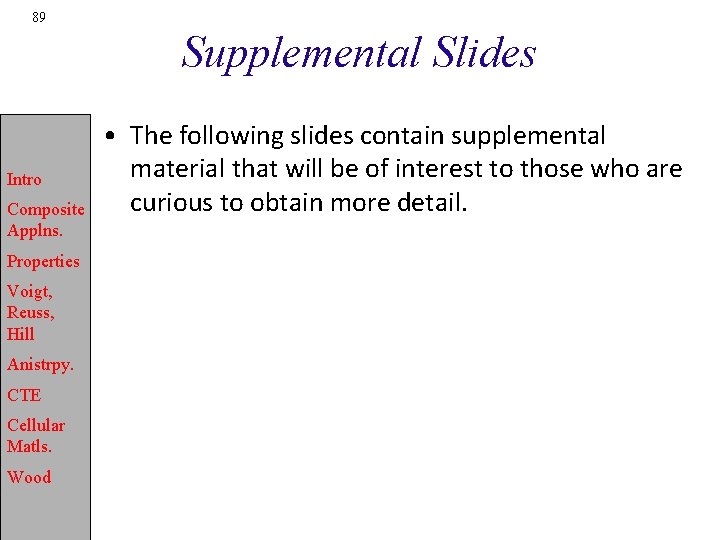 89 Supplemental Slides Intro Composite Applns. Properties Voigt, Reuss, Hill Anistrpy. CTE Cellular Matls.