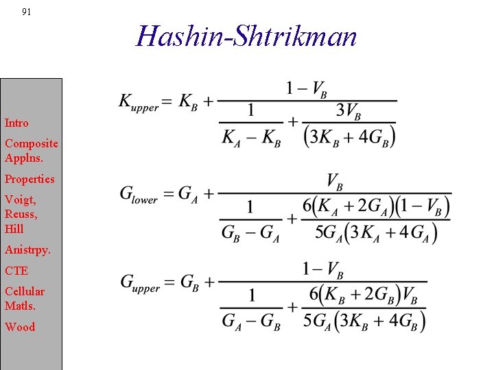 91 Hashin-Shtrikman Intro Composite Applns. Properties Voigt, Reuss, Hill Anistrpy. CTE Cellular Matls. Wood