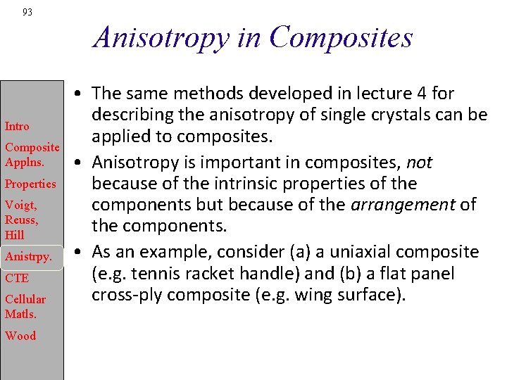 93 Anisotropy in Composites Intro Composite Applns. Properties Voigt, Reuss, Hill Anistrpy. CTE Cellular