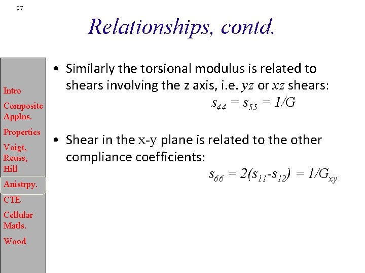 97 Relationships, contd. Intro Composite Applns. Properties Voigt, Reuss, Hill Anistrpy. CTE Cellular Matls.