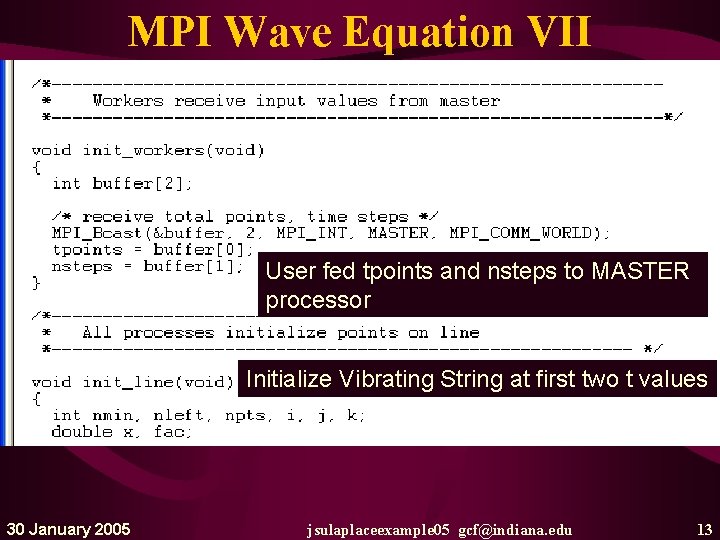 MPI Wave Equation VII User fed tpoints and nsteps to MASTER processor Initialize Vibrating