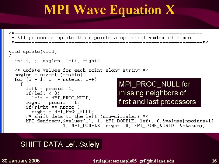 MPI Wave Equation X MPI_PROC_NULL for missing neighbors of first and last processors SHIFT