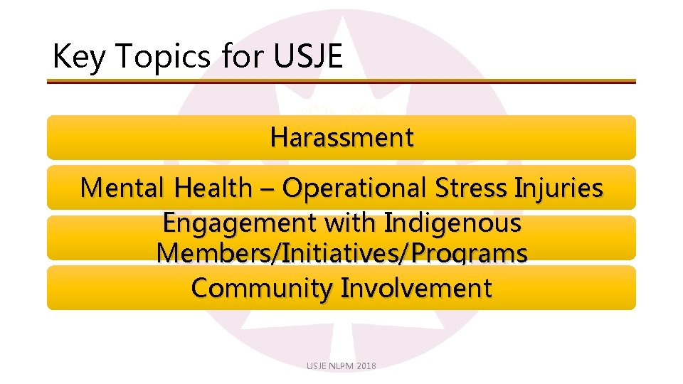 Key Topics for USJE Harassment Mental Health – Operational Stress Injuries Engagement with Indigenous