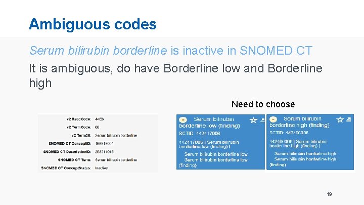 Ambiguous codes Serum bilirubin borderline is inactive in SNOMED CT It is ambiguous, do