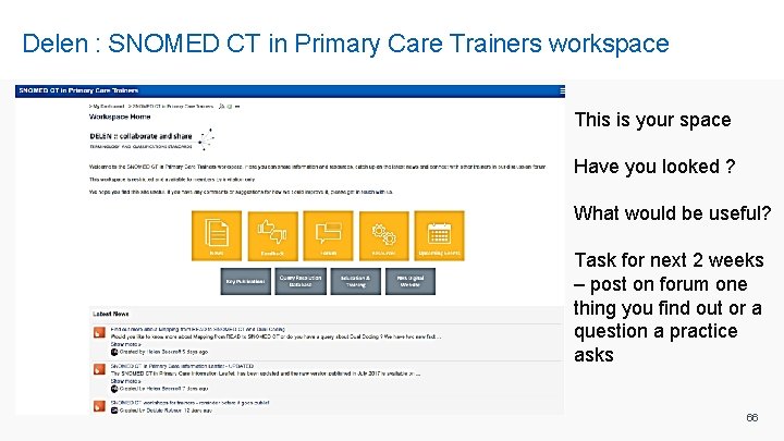 Delen : SNOMED CT in Primary Care Trainers workspace This is your space Have