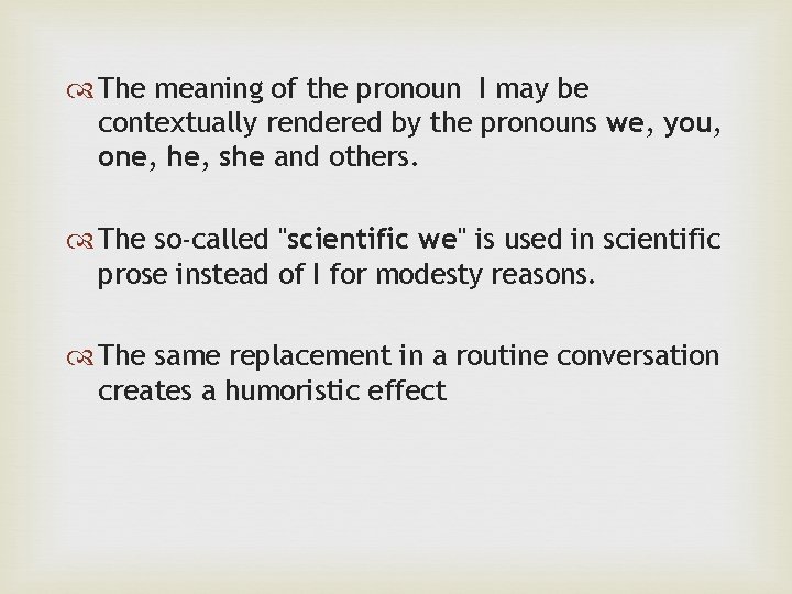  The meaning of the pronoun I may be contextually rendered by the pronouns