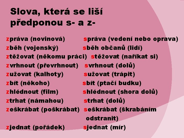 Slova, která se liší předponou s- a zzpráva (novinová) správa (vedení nebo oprava) zběh