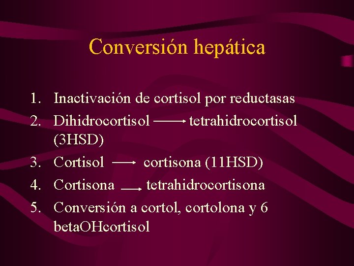 Conversión hepática 1. Inactivación de cortisol por reductasas 2. Dihidrocortisol tetrahidrocortisol (3 HSD) 3.