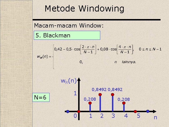 Metode Windowing Macam-macam Window: 5. Blackman w. R(n) N=6 1 0 0, 8492 0,