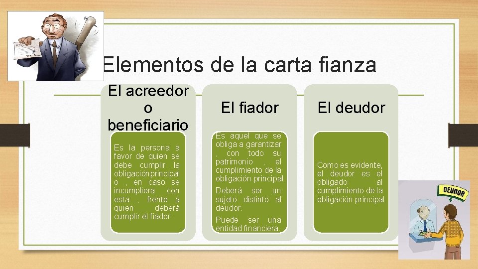 Elementos de la carta fianza El acreedor o beneficiario Es la persona a favor