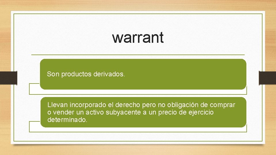 warrant Son productos derivados. Llevan incorporado el derecho pero no obligación de comprar o