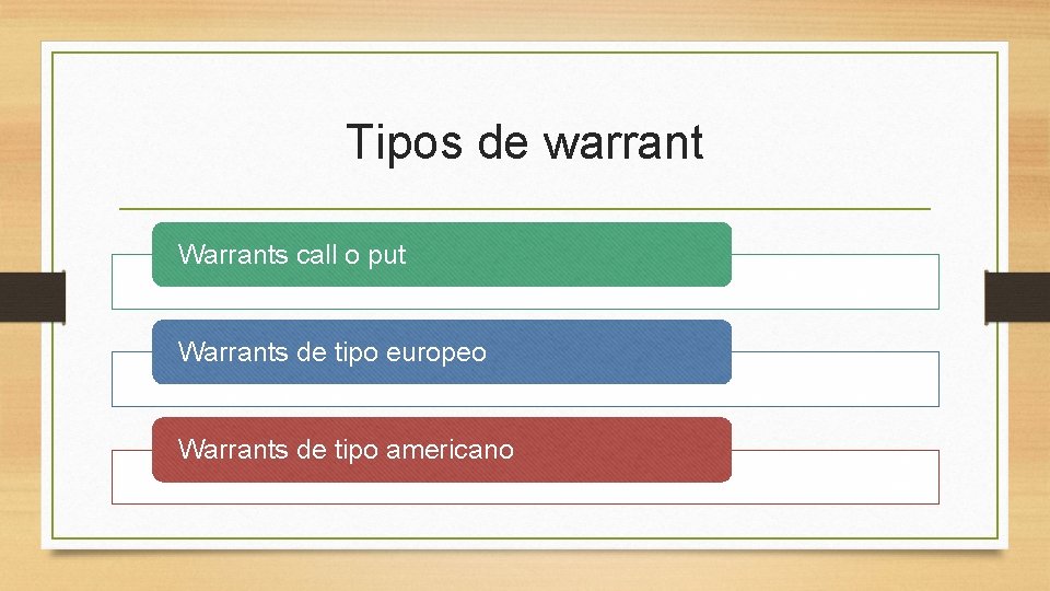 Tipos de warrant Warrants call o put Warrants de tipo europeo Warrants de tipo