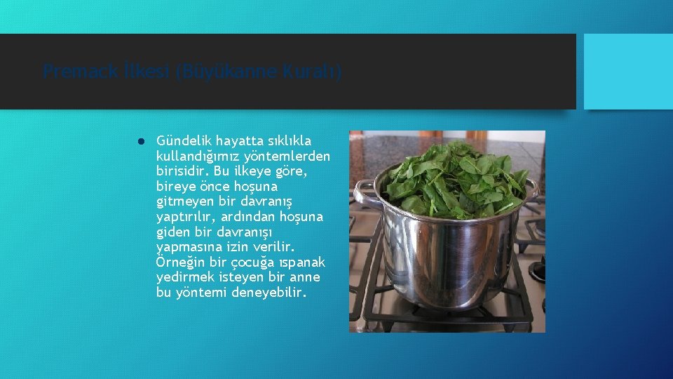 Premack İlkesi (Büyükanne Kuralı) l Gündelik hayatta sıklıkla kullandığımız yöntemlerden birisidir. Bu ilkeye göre,