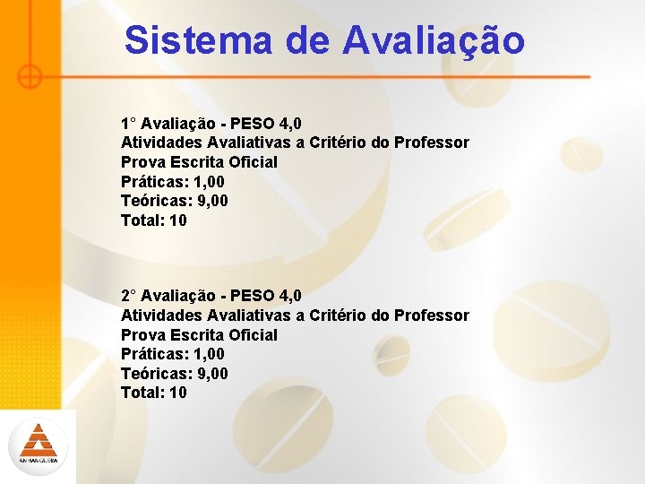 Sistema de Avaliação 1° Avaliação - PESO 4, 0 Atividades Avaliativas a Critério do