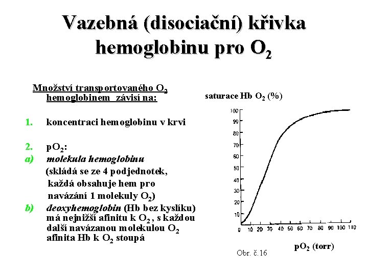 Vazebná (disociační) křivka hemoglobinu pro O 2 Množství transportovaného O 2 hemoglobinem závisí na: