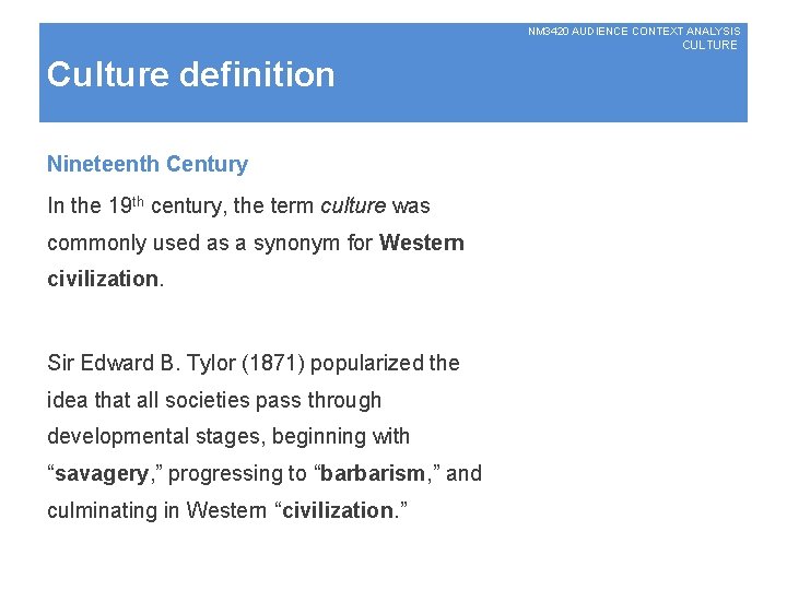 NM 3420 AUDIENCE CONTEXT ANALYSIS CULTURE Culture definition Nineteenth Century In the 19 th