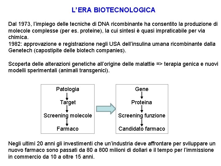 L’ERA BIOTECNOLOGICA Dal 1973, l’impiego delle tecniche di DNA ricombinante ha consentito la produzione