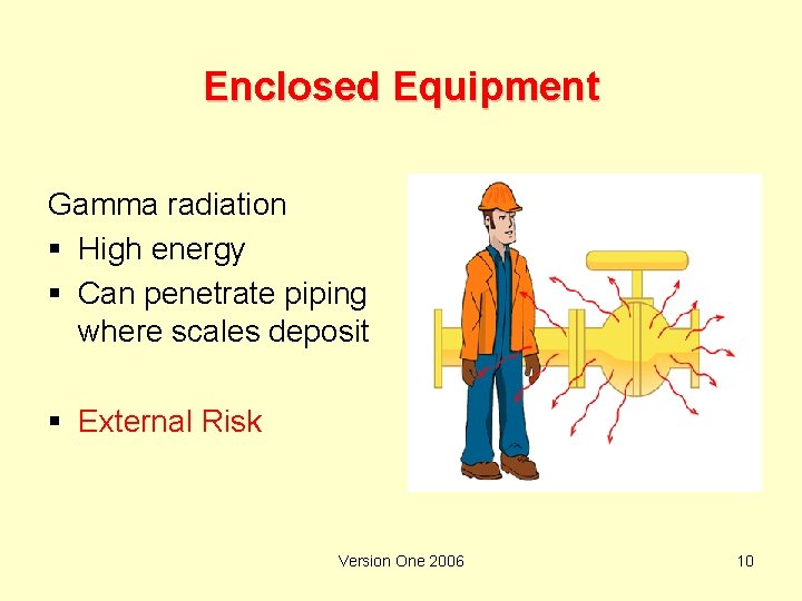 Enclosed Equipment Gamma radiation § High energy § Can penetrate piping where scales deposit