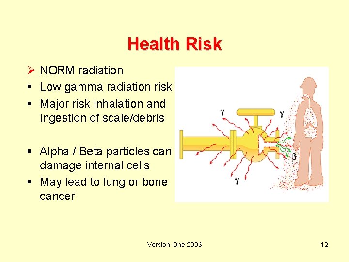 Health Risk Ø NORM radiation § Low gamma radiation risk § Major risk inhalation