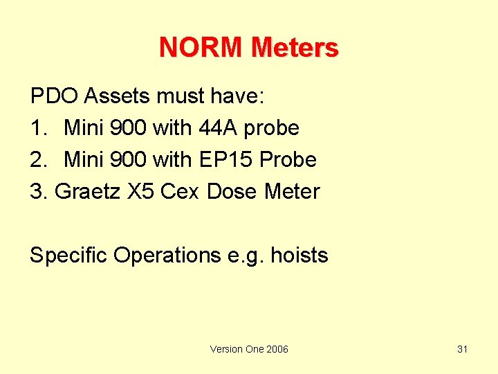 NORM Meters PDO Assets must have: 1. Mini 900 with 44 A probe 2.