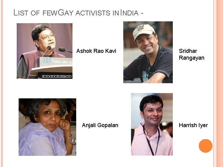 LIST OF FEW GAY ACTIVISTS IN INDIA - Ashok Rao Kavi Anjali Gopalan Sridhar