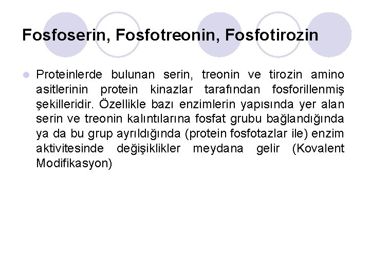 Fosfoserin, Fosfotreonin, Fosfotirozin l Proteinlerde bulunan serin, treonin ve tirozin amino asitlerinin protein kinazlar