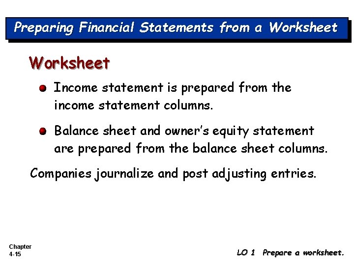 Preparing Financial Statements from a Worksheet Income statement is prepared from the income statement