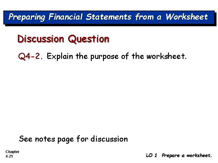 Preparing Financial Statements from a Worksheet Discussion Question Q 4 -2. Explain the purpose