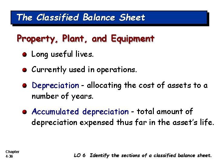 The Classified Balance Sheet Property, Plant, and Equipment Long useful lives. Currently used in