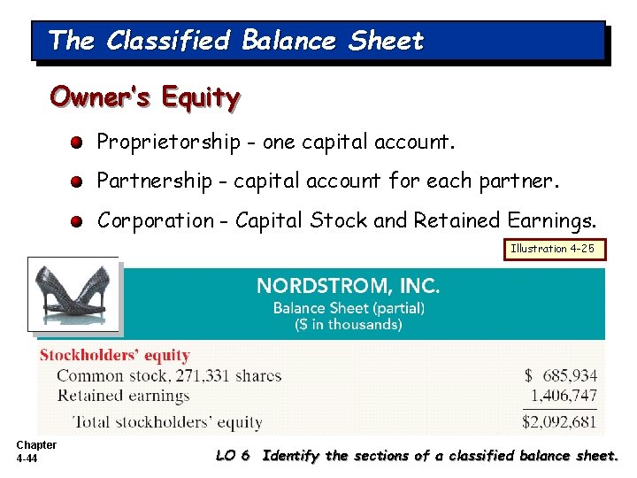 The Classified Balance Sheet Owner’s Equity Proprietorship - one capital account. Partnership - capital