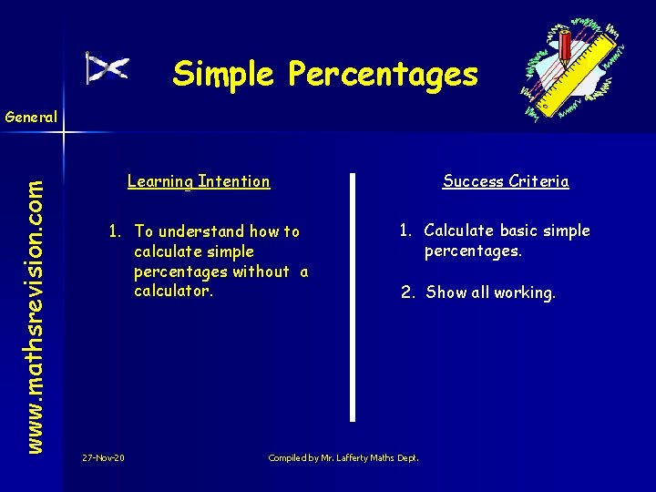 Simple Percentages www. mathsrevision. com General Learning Intention 1. To understand how to calculate