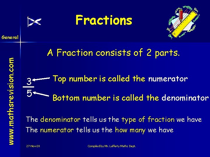 Fractions www. mathsrevision. com General A Fraction consists of 2 parts. 3 5 Top