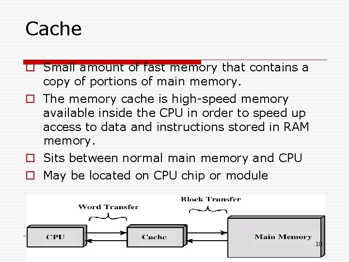 Cache Small amount of fast memory that contains a copy of portions of main