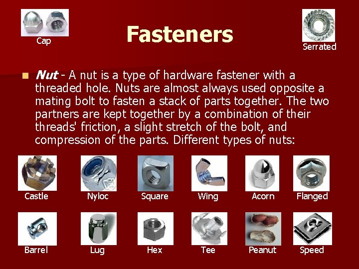 Fasteners Cap n Serrated Nut - A nut is a type of hardware fastener
