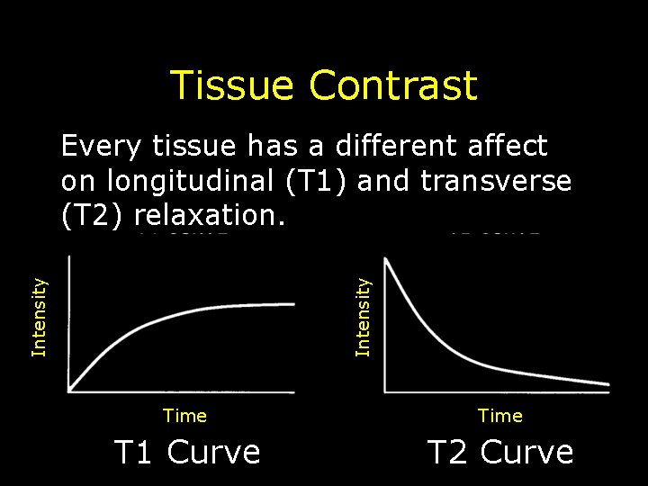 Tissue Contrast Intensity Every tissue has a different affect on longitudinal (T 1) and