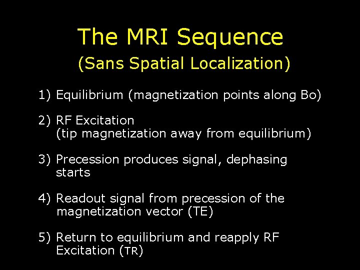 The MRI Sequence (Sans Spatial Localization) 1) Equilibrium (magnetization points along Bo) 2) RF