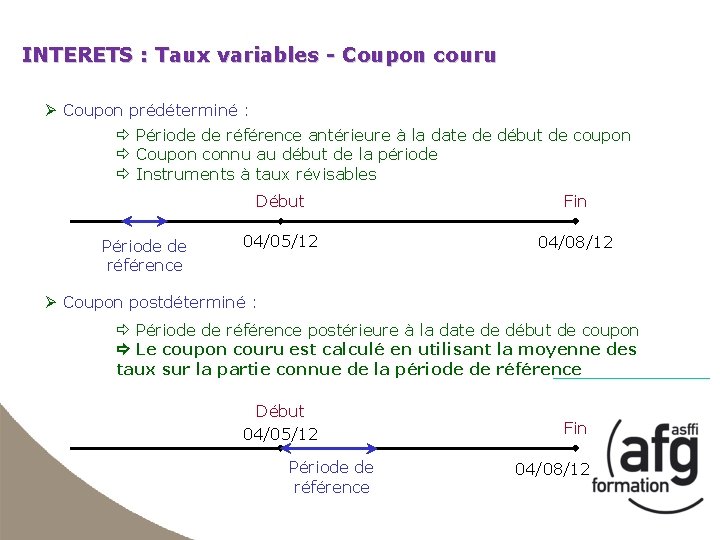 INTERETS : Taux variables - Coupon couru Ø Coupon prédéterminé : Période de référence