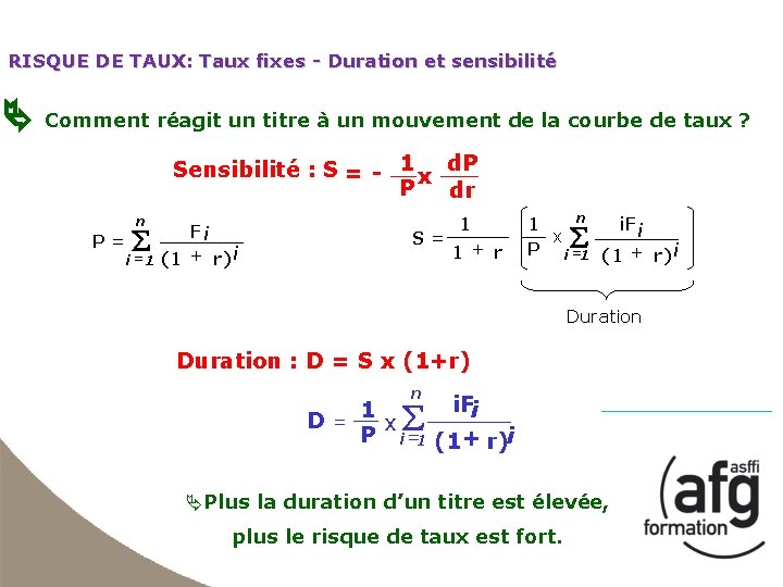 RISQUE DE TAUX: Taux fixes - Duration et sensibilité Comment réagit un titre à