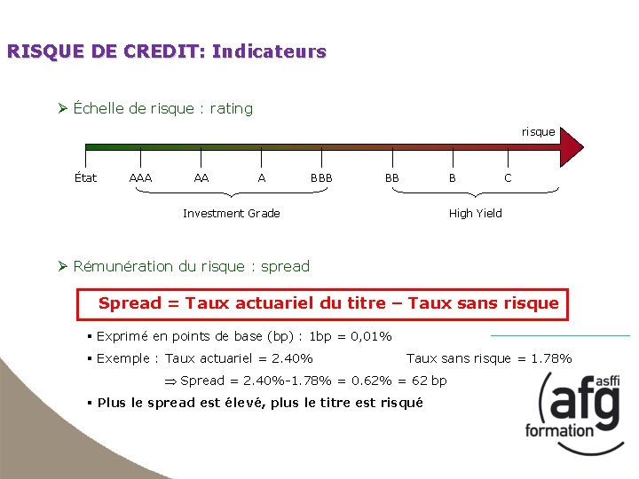 RISQUE DE CREDIT: Indicateurs Ø Échelle de risque : rating risque État AAA AA